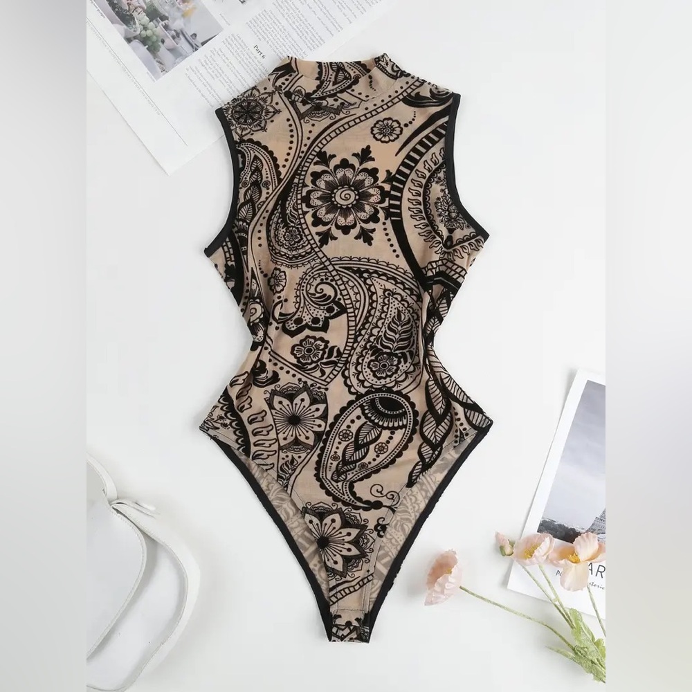 Mesh Black Velvet Patterned Bodysuit